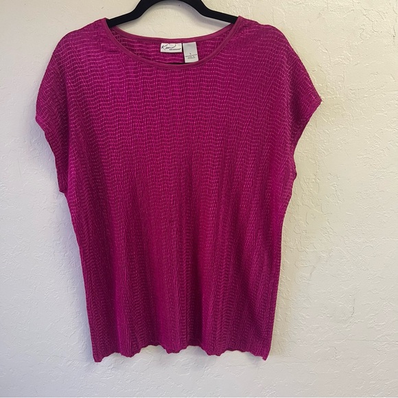 Vintage 90s Karen Rogers Magenta Textured Scalloped Edge Cap Sleeve Tee Sz L EVC - Picture 1 of 5